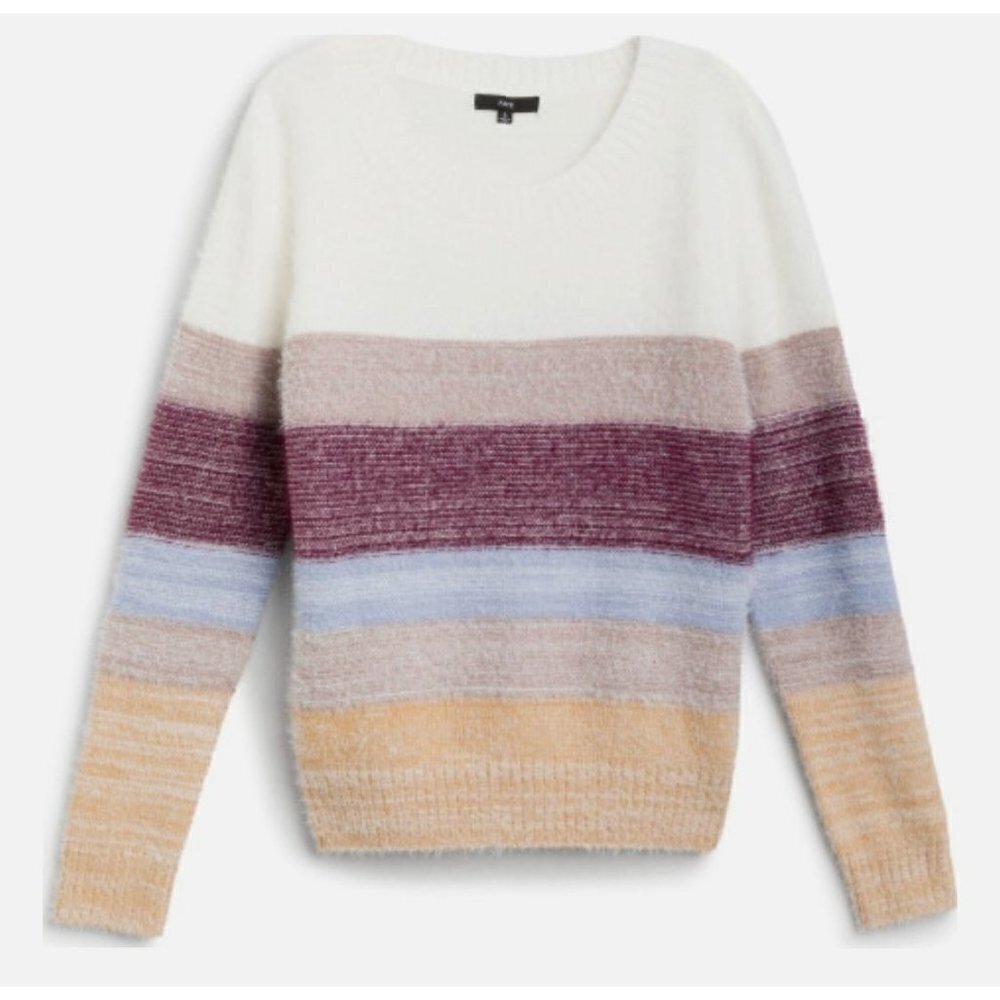FATE Fuzzy Knit Colorblock Sweater Ivory Burgundy Striped - Cozy & Warm Size S
